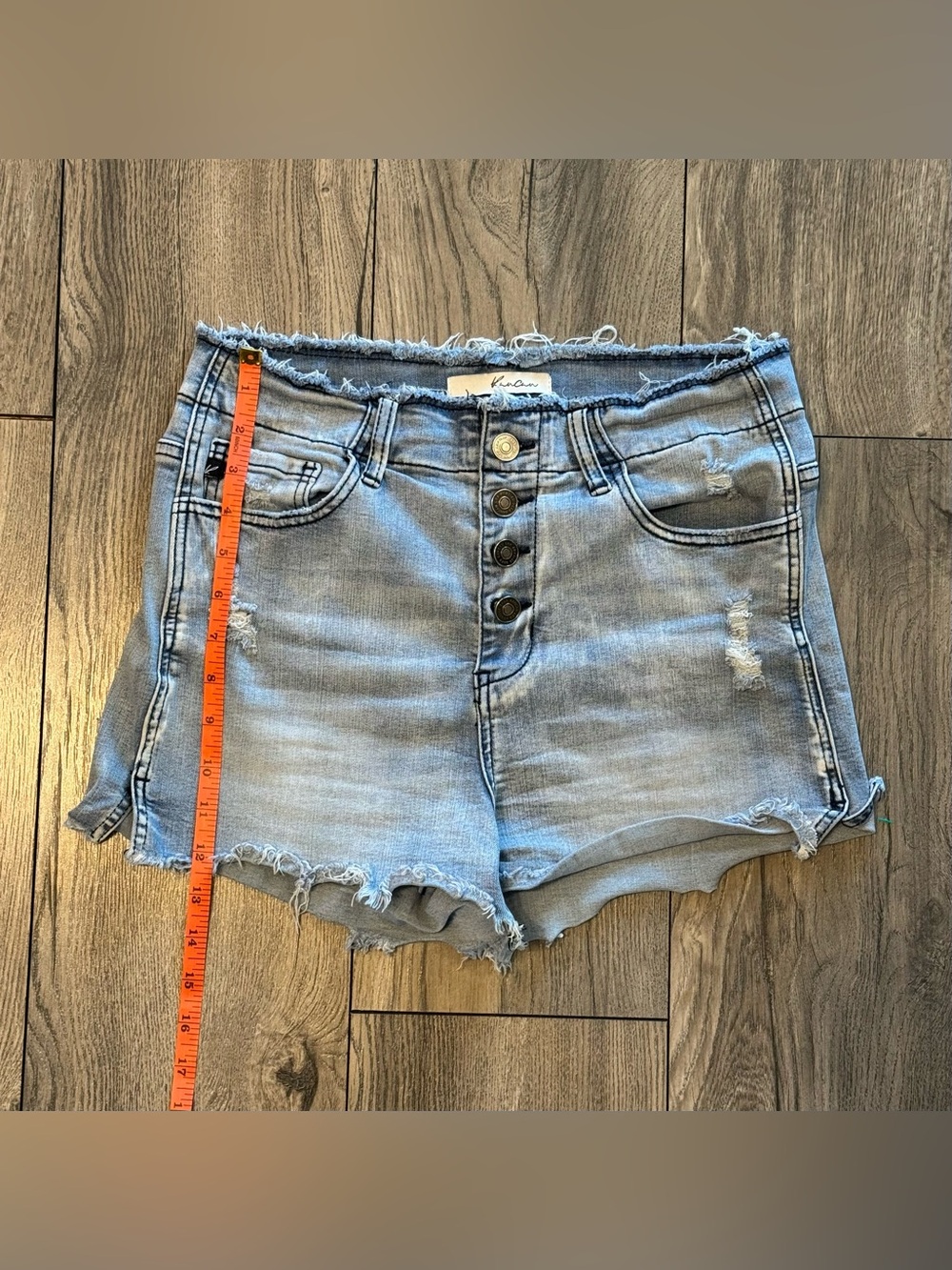 KanCan High Rise Button Fly Distressed Denim Shorts Raw Hem Size L - Picture 4 of 10